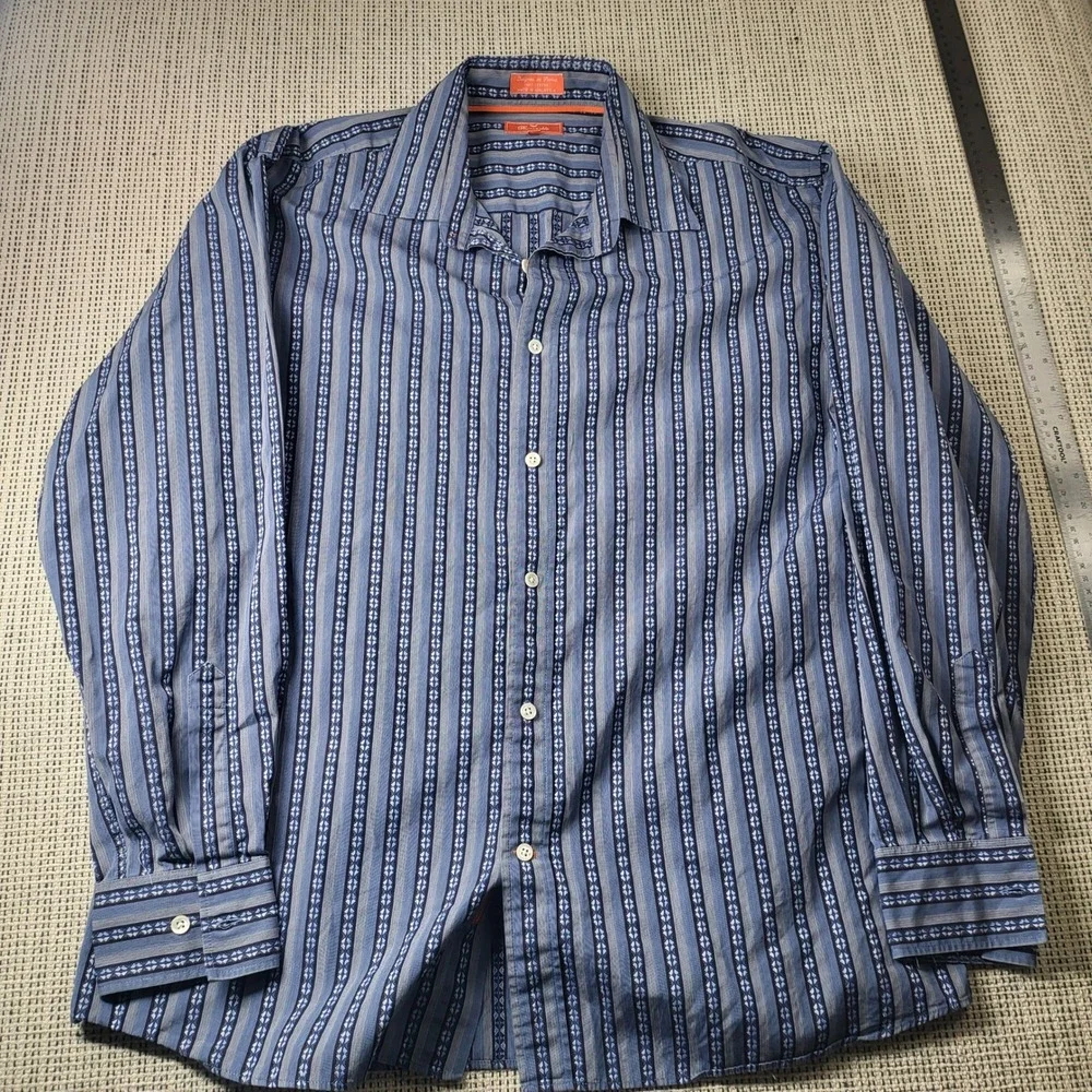 Faconnable Jeans Shirt Mens L Blue Striped Cotton Long Sleeve Button Down 6443